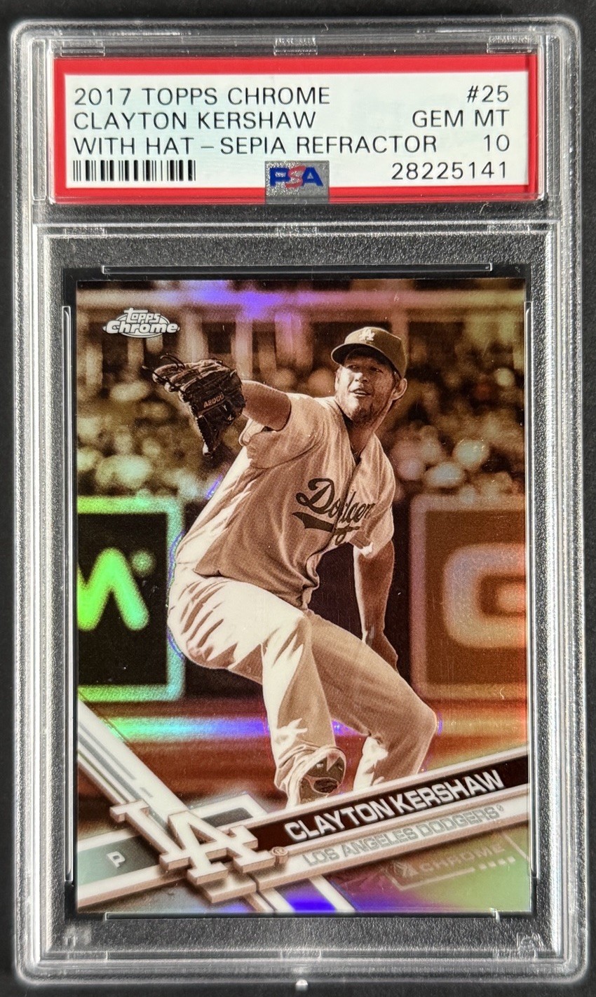 Clayton Kershaw 2017 Topps Chrome With Hat Sepia Refractor #25 Dodgers PSA 10 view 1