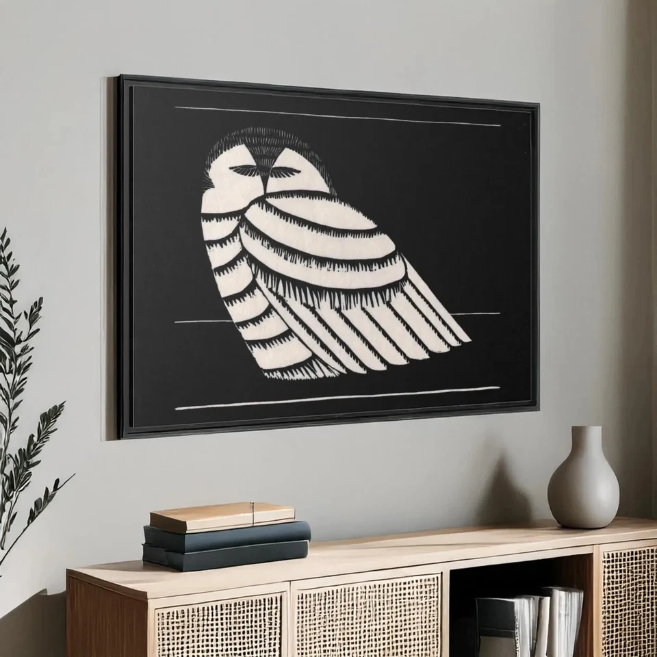 Impresión de búho nevado - arte de pared en lienzo - póster enmarcado en blanco y negro Foto 2 de 3