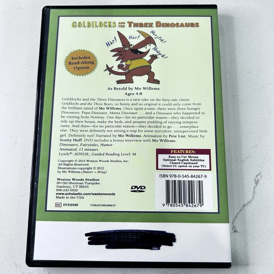 Goldilocks and the Three Dinosaurs DVD Scholastic Story by Mo Willems Foto 2 de 4