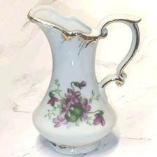 Creamer Pitcher Table Vase Violets Floral White with Gold Detail 5" Tall Brinn's