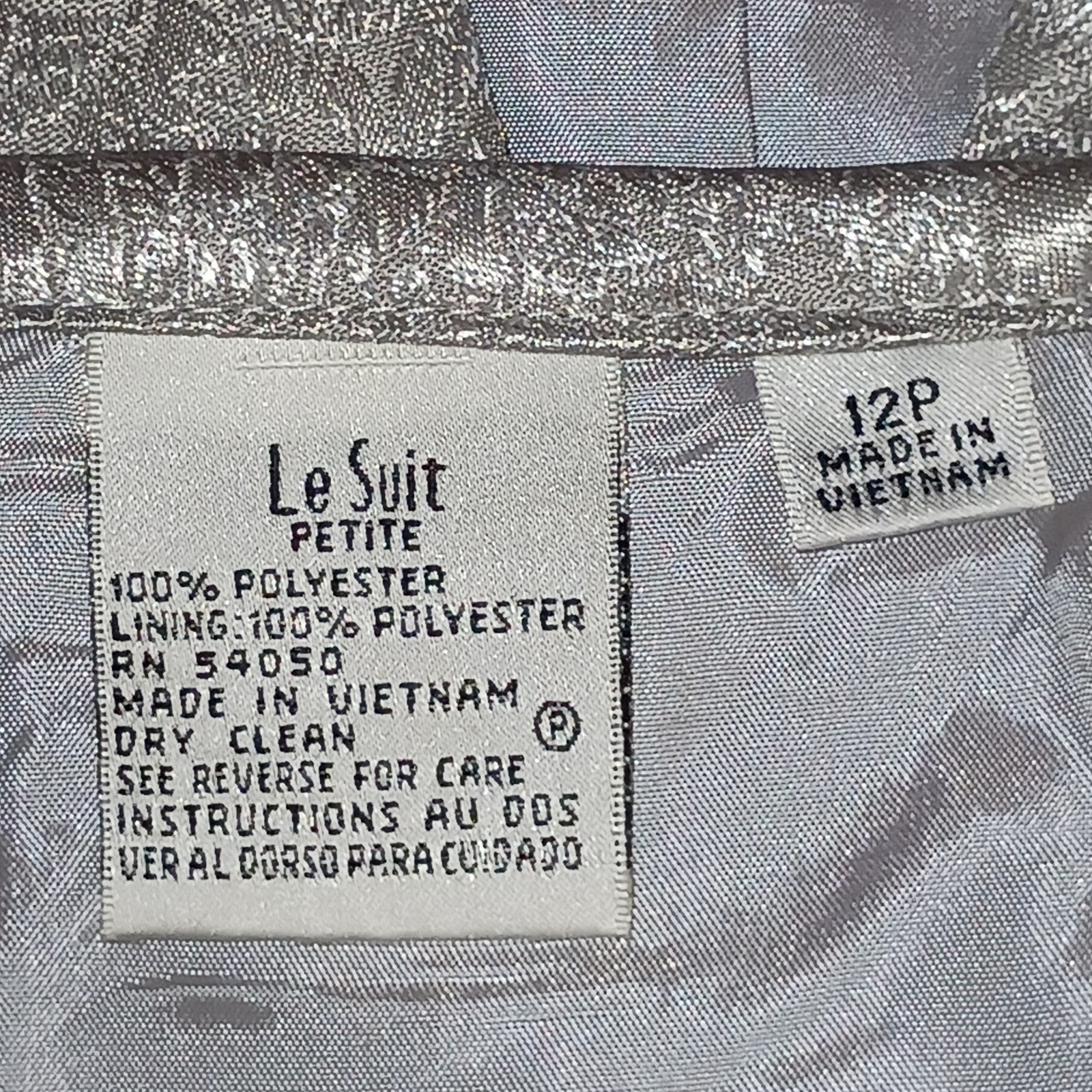 LE SUIT 2 Piece Size 12P Gray Shimmering Silver Collared Clear Button Skirt Set 