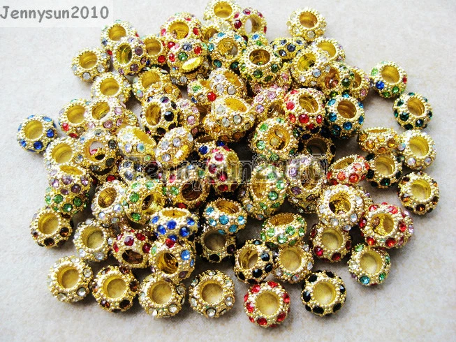 Big Hole Crystal Rhinestones Pave Gold Rondelle Spacer Beads Fit