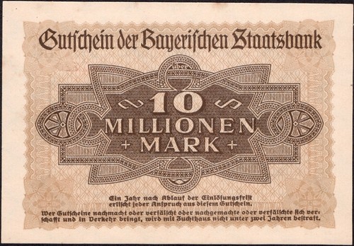 10 millones de marcos 1923 - Serie: 857725 - Alemania / Munich-Baviera - UNC - #F17 - Imagen 4 de 4
