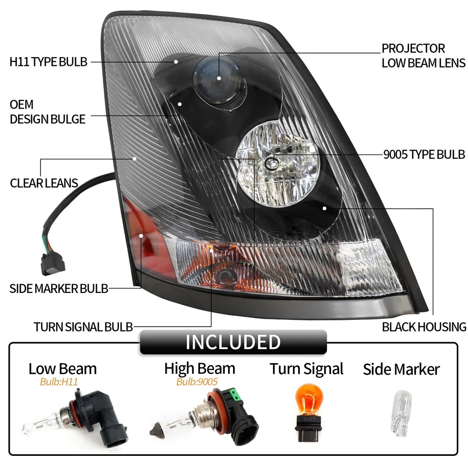 For Volvo VNL 2004-2017 Semi Truck Black Projector Halogen Headlight Left+ Right Foto 2 de 4