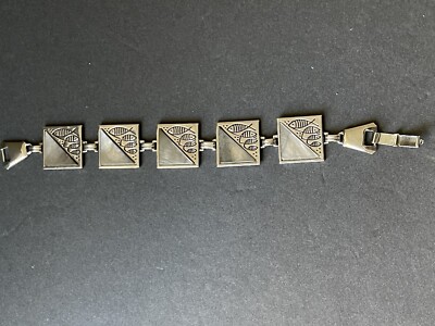 Silver Tone Square Tile Bracelet 8'' Link Fish Aztec Boho Labradorite Statement