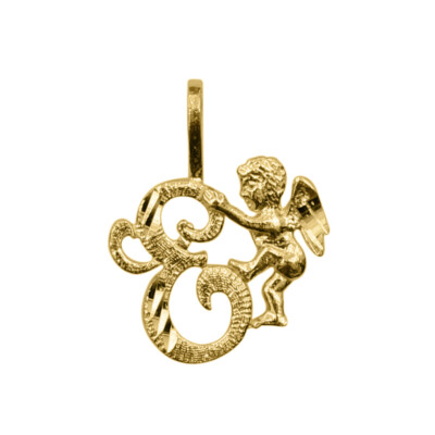 Echt 14k Gelbgold 0,59'' Cherub und Kursivschrift Anfangsbuchstabe E Anhänger