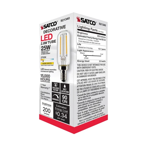 Satco S21340 LED Filament Tube 120V 2.8W =25W T6 Candelabra E12 2700K Warm White - Picture 5 of 11