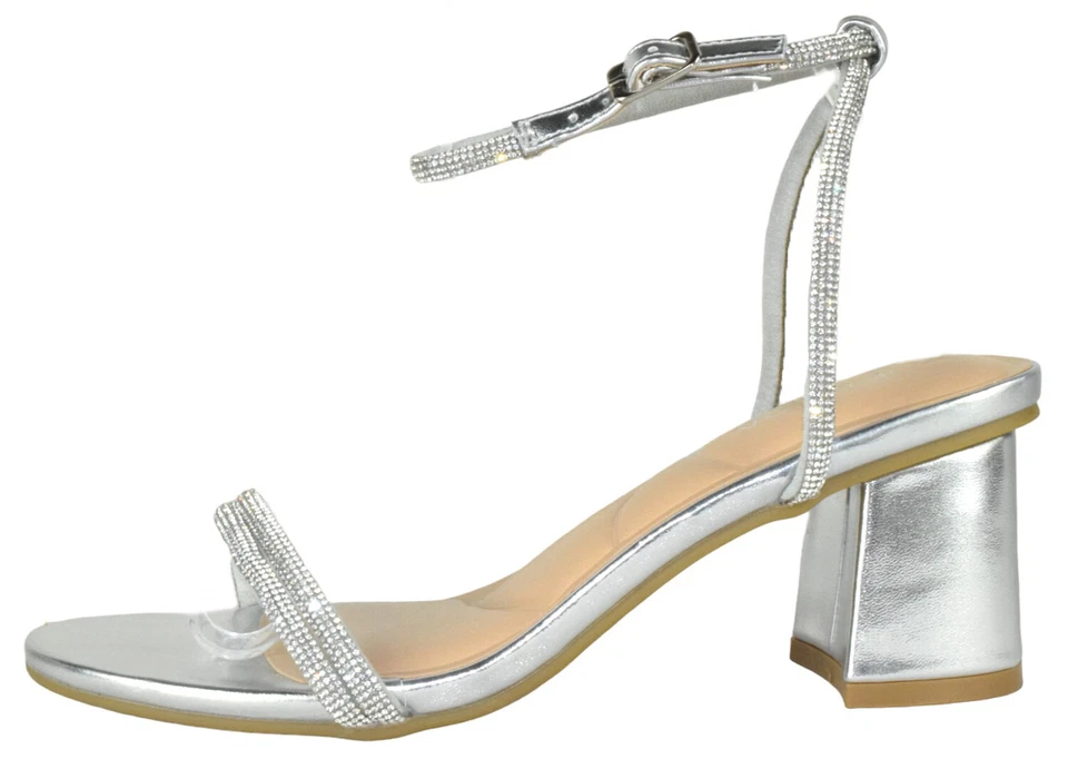 Top Moda Women Block Short Heels Open Toe Strap Bling Rhinestone CITY-1 Silver - Image 2 of 3