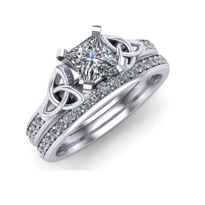Engagement Ring Set 2.Ct White Princess Cut Moissanite 14k White Gold Size 8-image