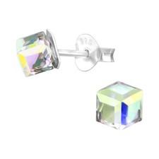 925 Silver Cube 4mm Ear Studs with Multicolored Crystal