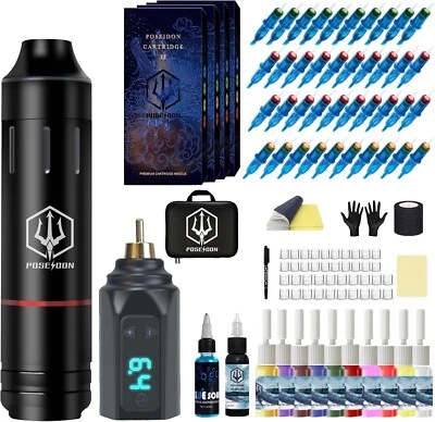 BRANDED Poseidon Tattoo Pen Kit Wireless Tattoo Machine Kit Complete Tattoo Kit Tattoo