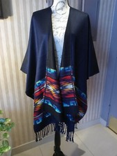 Alpaca Wool Poncho Wrap Blue Reversible Unisex Handmade in Ecuador high quality