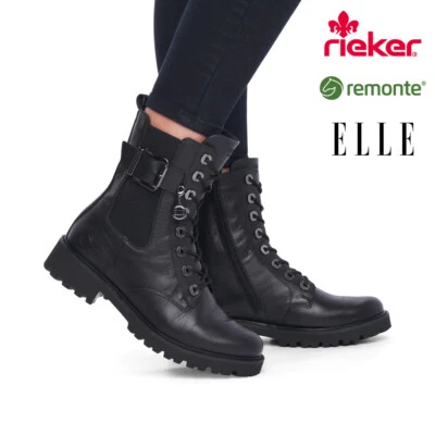 Rieker Remonte Womens Black Leather Boots Wide Fit Biker Ankle Shoes Elle D8668