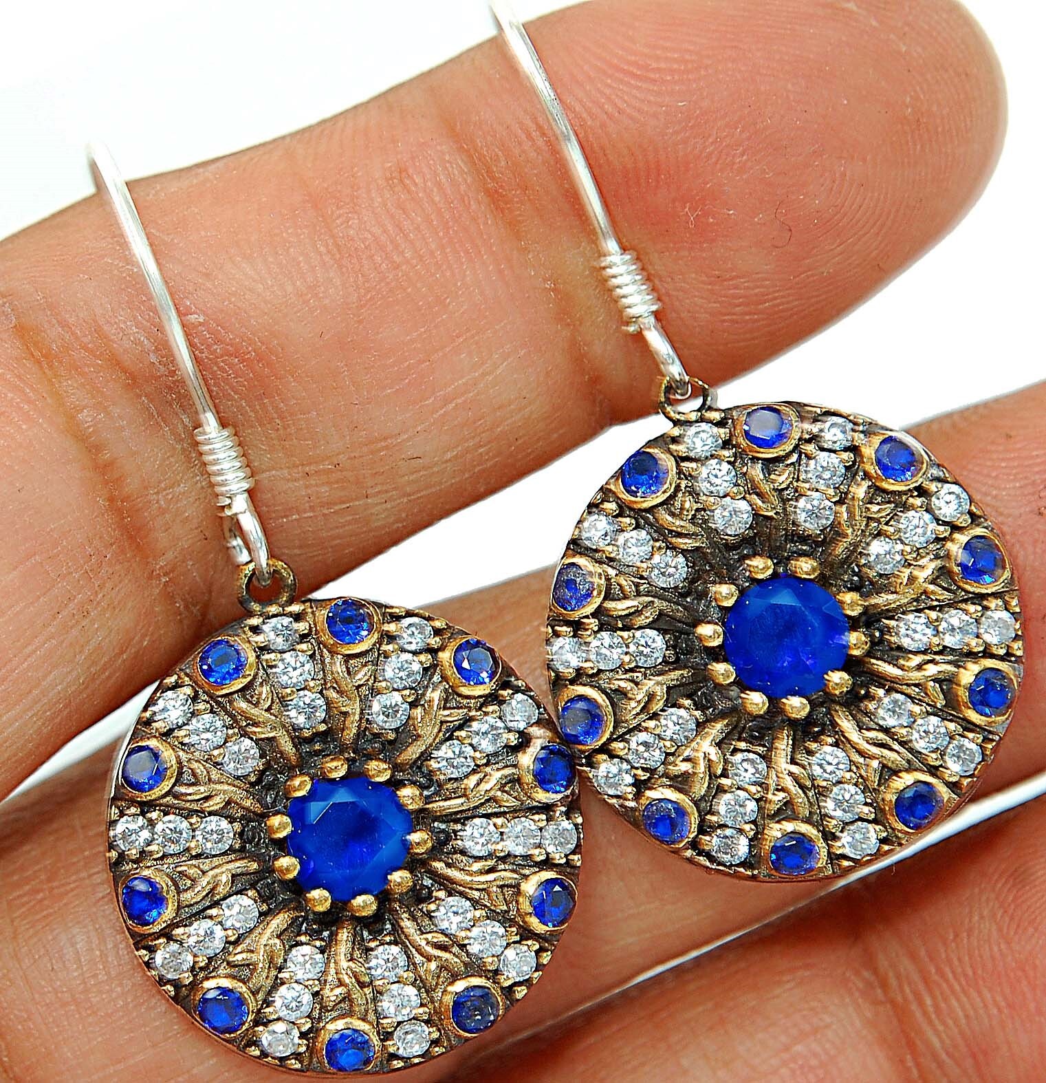 Ottoman Empire Inspired 10CT Treated Sapphire 925 Sterling Silver Elegant Stud Earrings TE3669