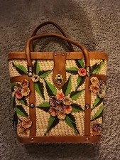 Vintage Woven Staw Leather Raffia Floral Handbag Purse Boho READ