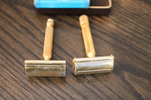 Vintage Gillette Aristocrat Gold Toned Safety Razors (2) w/ Case and Razors - Picture 5 of 7