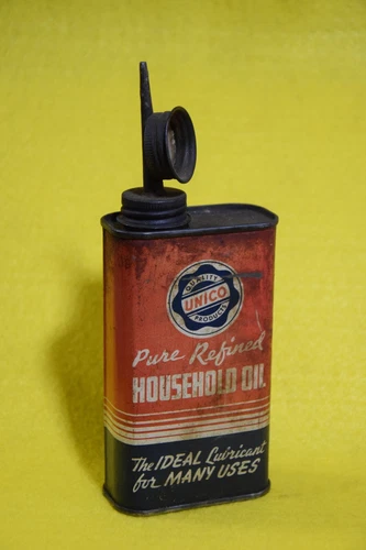 UNICO HOUSEHOLD OIL OILER TIN LITHO SIGN EMPTY 8OZ GARAGE MANCAVE VINTAGE 1950s