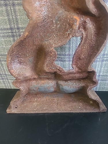14" Large Antique Victorian Cast Iron Black Lion on Plinth Door Stop Rusted Old - Picture 11 of 14