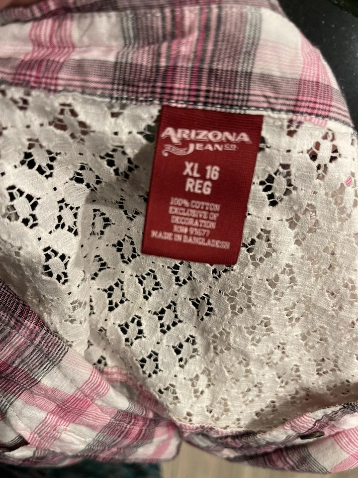 Arizona Jean Niñas XL 18 Top Camisa a Cuadros Rosa Blanco Encaje Largo SL Western 2055 Foto 4 de 4