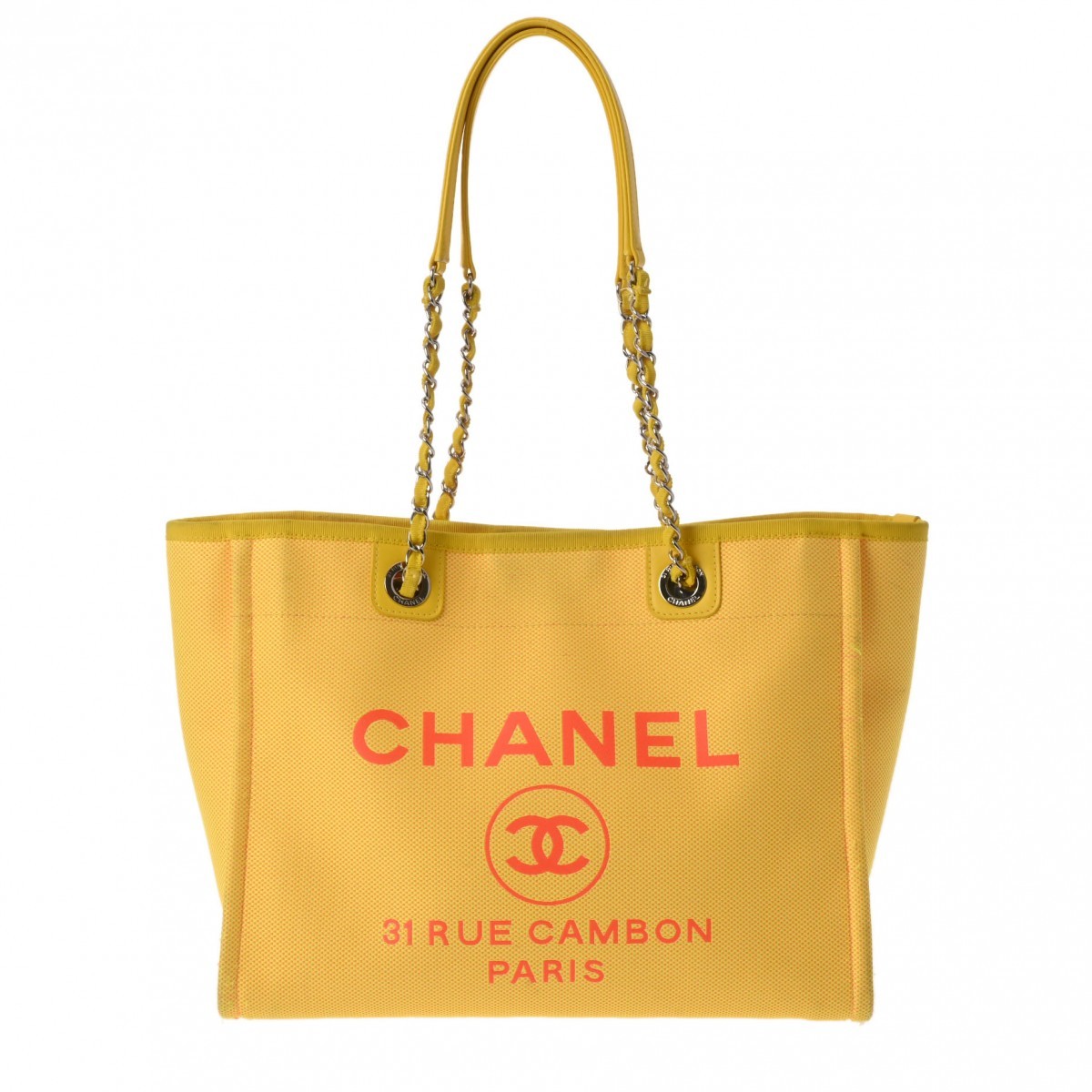 Chanel Deauville Tote in Yellow Leather & Raffia with Chain Strap A67001