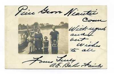 Niantic CT, Pine Grove, A. E. Baker family in water, dock, 1909 RPPC postcard