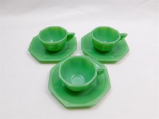 Set Of 3 Vintage Akro Green Agate Jadeite Glass Childs Tea Cups  Saucers