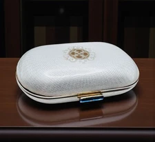 Vintage White Guilloche Enamel Blue Rhinestone Revlon Powder Compact Purse