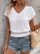 Women's Summer Elasticated Short Sleeve Tee Shirts Loose V-neck Tops Blouse Size