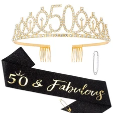 "50 & Fabulous" Birthday Tiara and Sash Kit- 50th Birthday Gifts for Women 50...