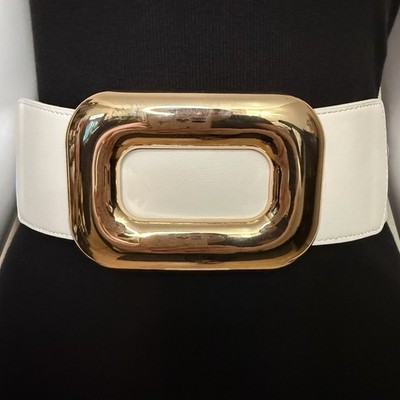 White PU leather elastic waistband belt with gold tone rectangle buckle