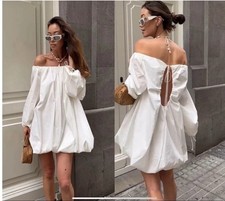 ZARA SHORT OFF-SHOULDER FLOUNCED DRESS OYSTER WHITE 3312/216 VIRAL SIZE M COTTON