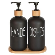 Glass Soap Dispenser Set. Hand and Dish with Bamboo Tray. Vintage Pump for Kitch