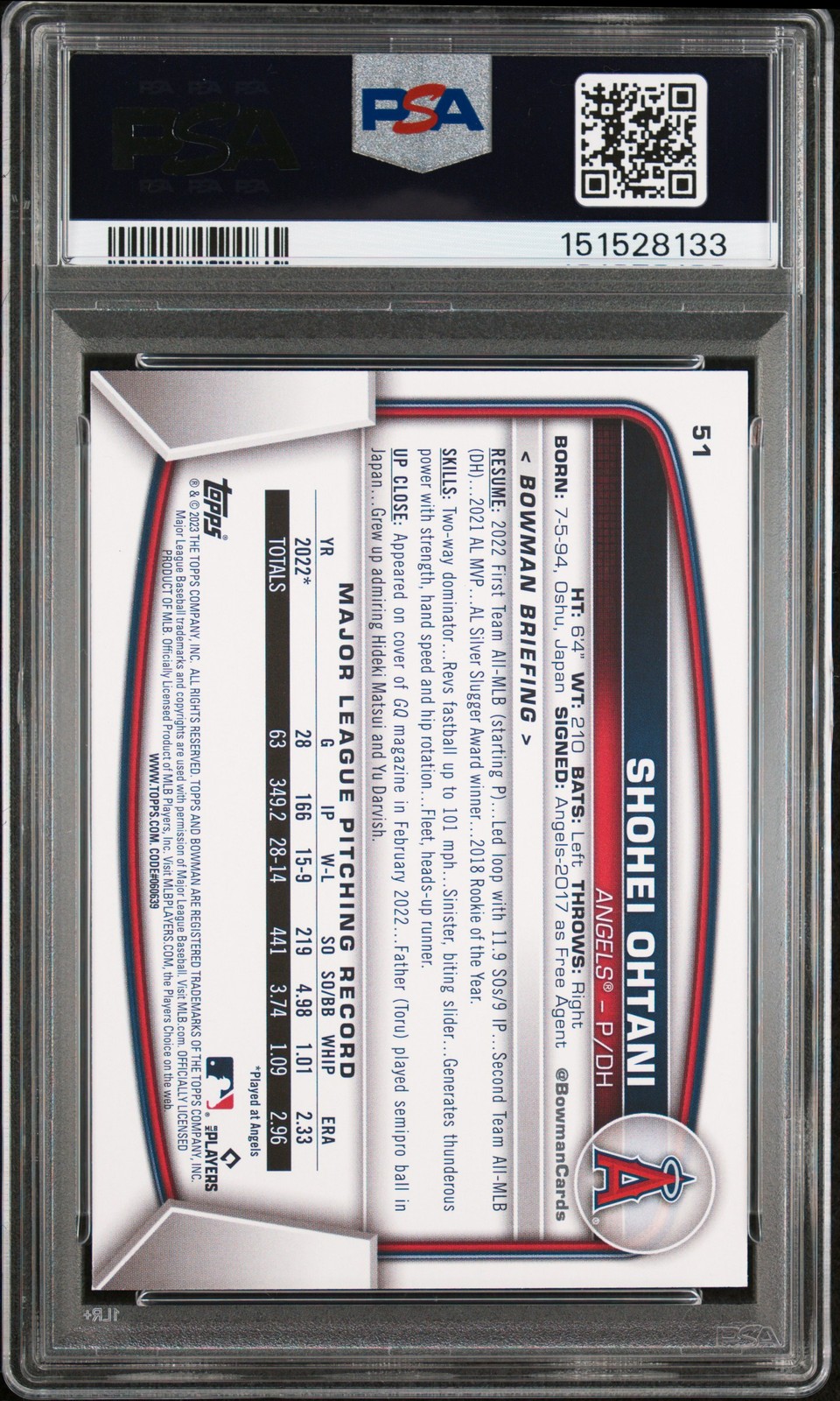 2023 BOWMAN BLUE #51 SHOHEI OHTANI 26/150 PSA 9 view 2