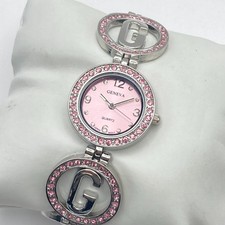 Geneva Women's Watch 26mm Silver Tone Pink Crystals Logo Band G New Battery 7"