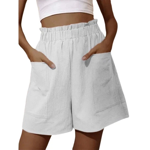 Womens Elastic Waist Casual Shorts Ladies Cotton Linen Pocket Summer Short Pants - Picture 3 of 17