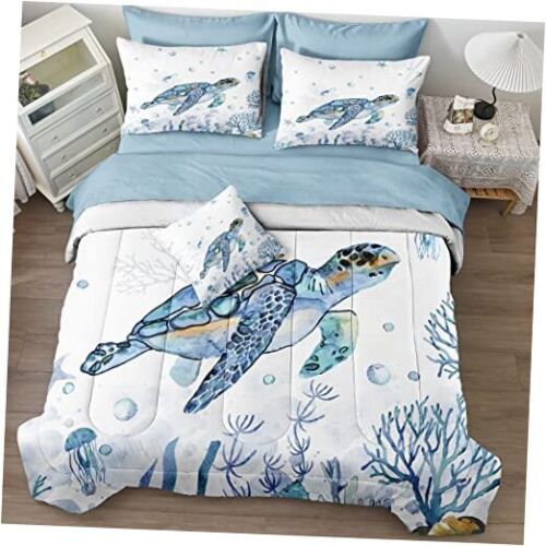 Sea Turtle Comforter Ocean Theme Bedding Set Size Bed in a Bag 8 Full Blue