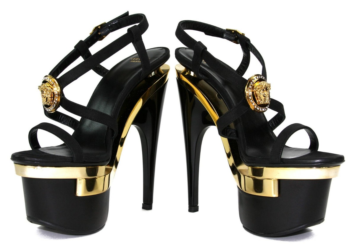 New Versace Gold Black Triple Platform Swarovski Crystals Medusa