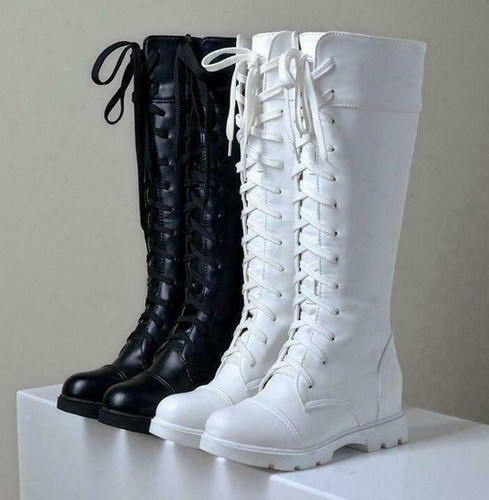 Scarpe da combattimento equitazione donna tacco basso stringate ginocchio punta tonda stivali biker 4-11