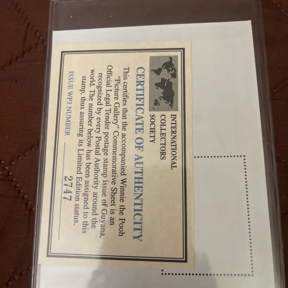 Guyana Winnie The Pooh Stamp Souvenir Sheet W/ Certificate Of Authenticity 2747 - Image 2 of 2