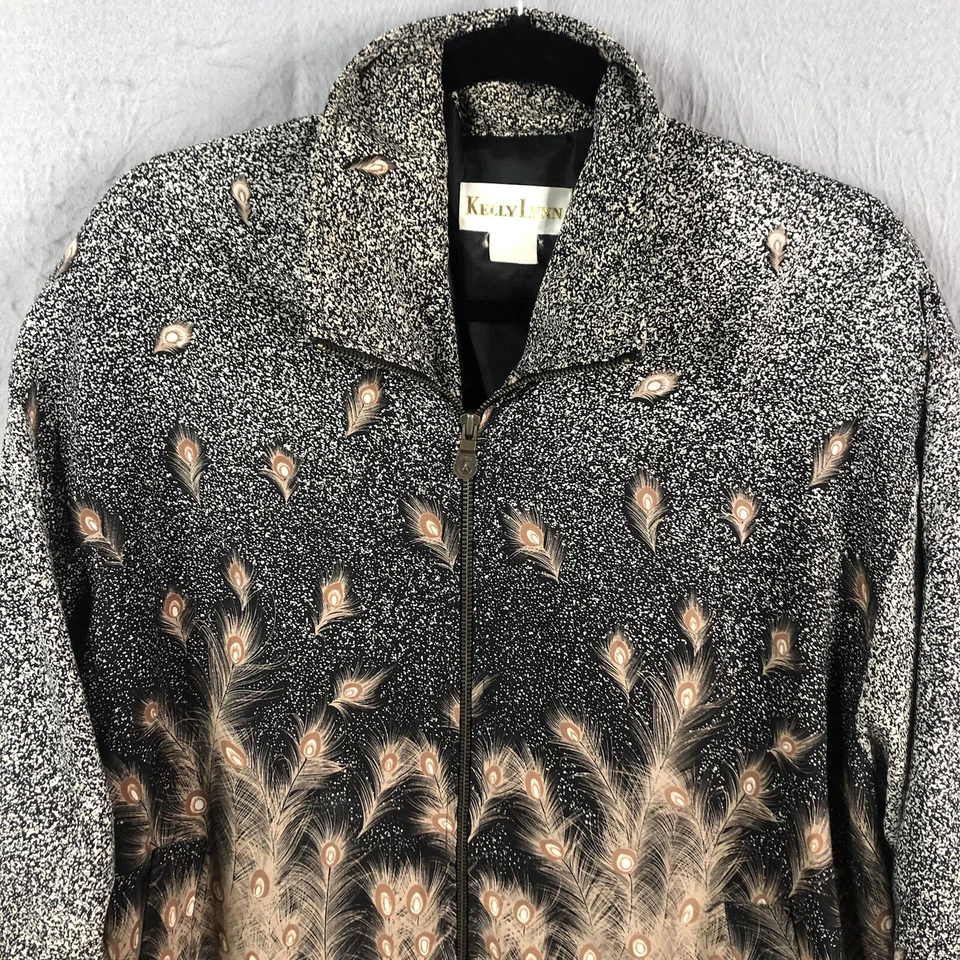 Chaqueta de Colección Kelly Lynn Para Mujer 2X Talla Grande Negra Tostada Bombardero Plumas de Pavo Real Foto 3 de 4