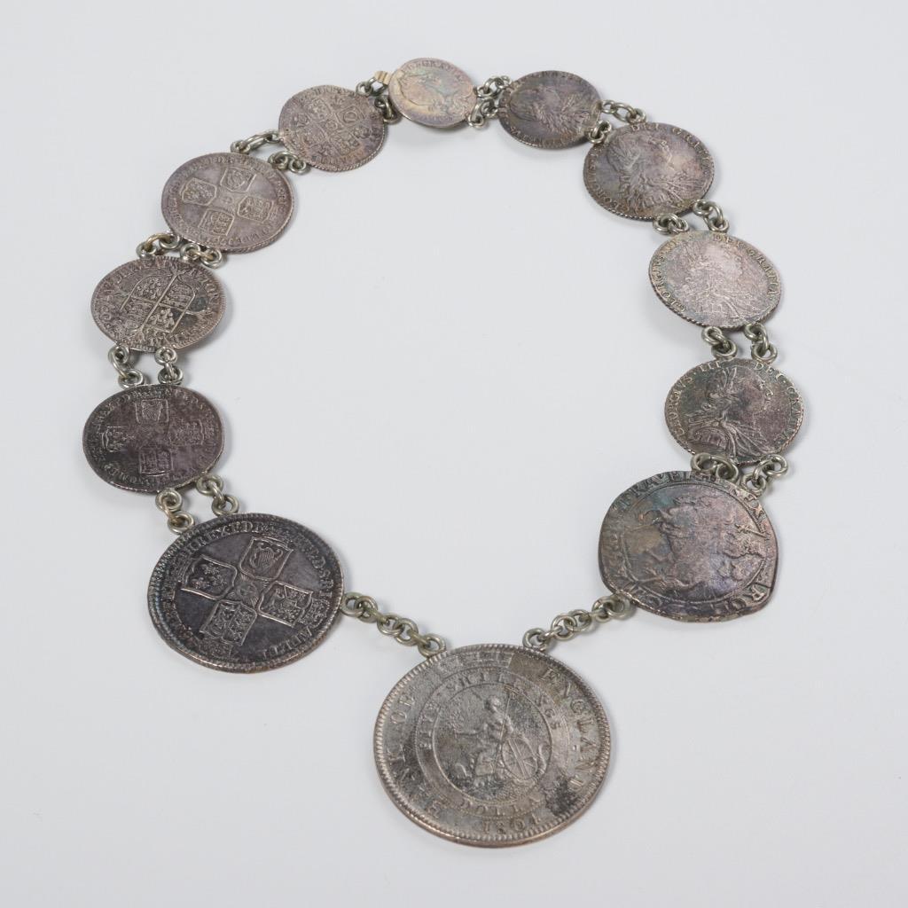 British Georgian Elizabethan Silver Coin Artisan Crafted Choker Necklace 16