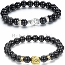 Lucky Men Bead 8mm Black Imitation Agate Stone Tibet Buddha Bracelet, 8.9 Inches