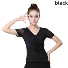Ladies Summer Drawstring Modern Dance Shirt Mesh Short Sleeve Top Latin Chic