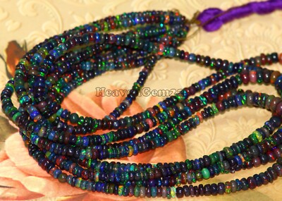 Natürlicher äthiopischer schwarzer Opal Rondell Perlen 3-4 mm glatter Edelste...