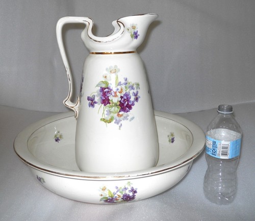 Alfred B Pearce & Co. London Lg Porcelain Wash Basin & Pitcher Ivory & Violets - Picture 11 of 11