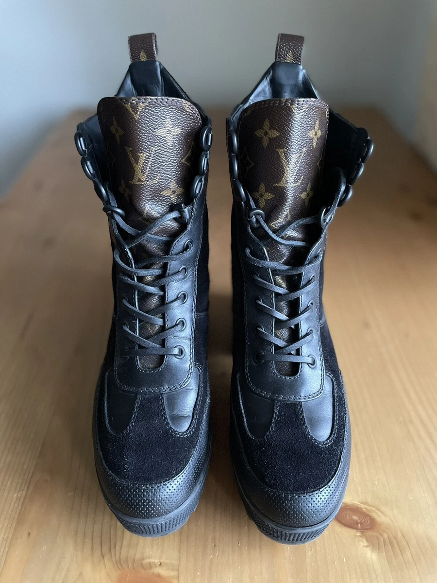 Louis Vuitton Black/Brown Suede, Monogram Canvas And Leather Laureate  Platform Desert Ankle Boots Size 38