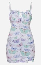 White Butterfly Print Tie Bust Strappy Split Front Shift Dress