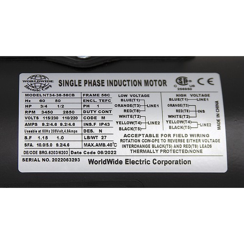 3/4 HP 115/230 Volt AC 3450 RPM WWE NT34-36-56CB Motor 10-3455 - Picture 3 of 3