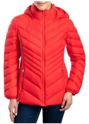 London Fog Down Puffer Coat Womens Red Packable Quilted Jacket