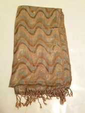 Charming Charlies Pashmina Scarf Fringed Pastel Tan Blue Gold Metallic 70"x28"